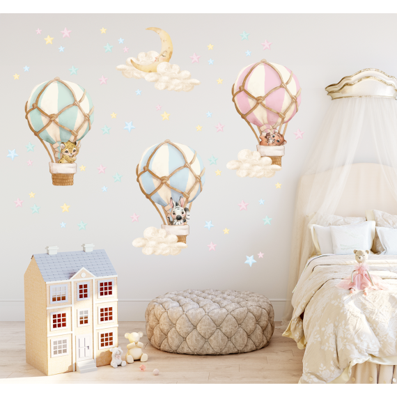 Wallstickers Luftballong Dyr 58pk – ØKO Veggklistremerker Barnerom - Pastell, Multifarget