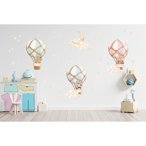 Wallstickers Luftballong Dyr 58pk – ØKO Veggklistremerker Barnerom - Pastell, Multifarget