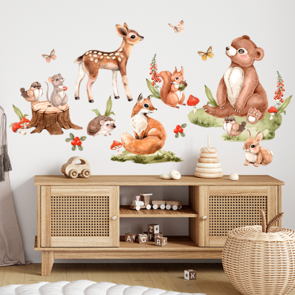 Wallstickers Skogsdyr  – Sett 29pk - ØKO Veggklistremerker Barnerom, Dyr i Skogen, Rev, Rådyr, Bjørn, Ekorn