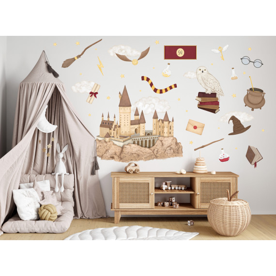 Wallstickers –Skole for magi og trollmenn - Sett 43 stk - ØKO Veggklistremerkene Barnerom, Magi, Slott, Ugle