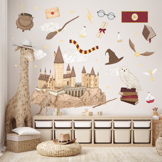 Wallstickers –Skole for magi og trollmenn - Sett 43 stk - ØKO Veggklistremerkene Barnerom, Magi, Slott, Ugle