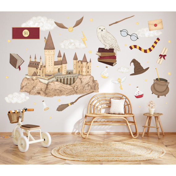 Wallstickers –Skole for magi og trollmenn - Sett 43 stk - ØKO Veggklistremerkene Barnerom, Magi, Slott, Ugle