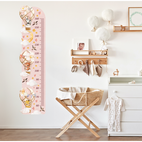 Høydemåler Luftballong Boho Dyr – ØKO Veggklistremerker Barnerom - Rosa