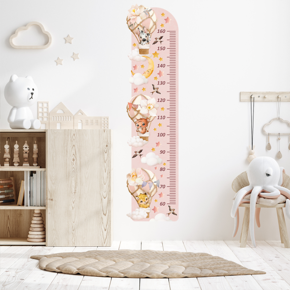Høydemåler Luftballong Boho Dyr – ØKO Veggklistremerker Barnerom - Rosa
