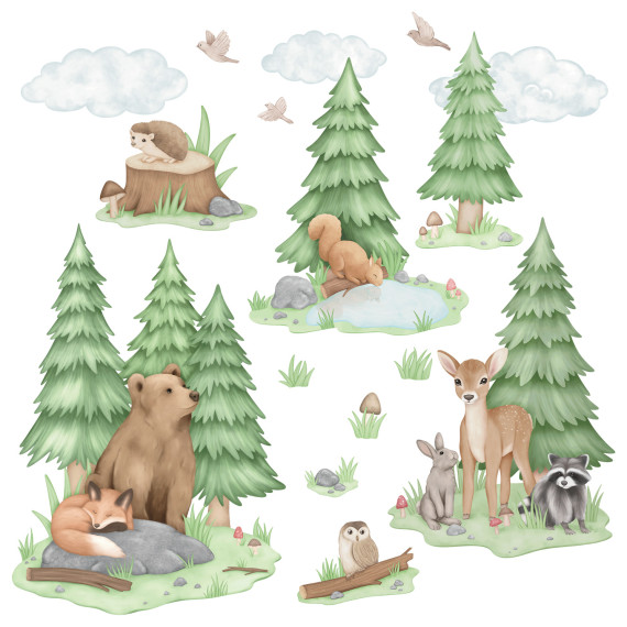 Wallstickers Skogsvenner – ØKO Veggklistremerker Barnerom – 16 pk Rev, Bjørn, Ekorn, Rådyr