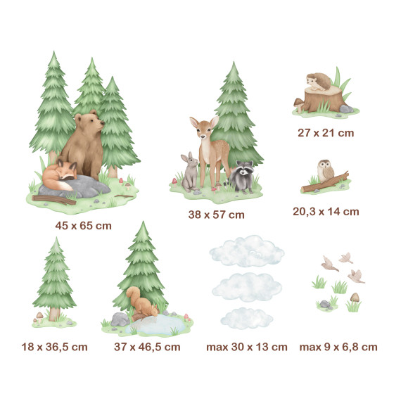 Wallstickers Skogsvenner – ØKO Veggklistremerker Barnerom – 16 pk Rev, Bjørn, Ekorn, Rådyr
