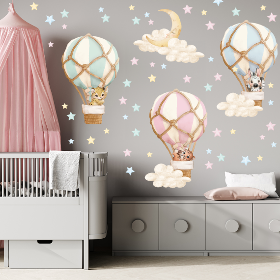 Wallstickers Luftballong Dyr 58pk – ØKO Veggklistremerker Barnerom - Pastell, Multifarget