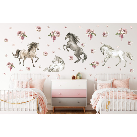 Wallstickers Hester og Blomster - ØKO Veggklistremerker Barnerom - Hester - 48 pk