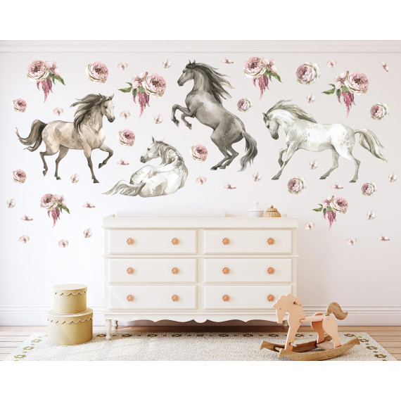 Wallstickers Hester og Blomster - ØKO Veggklistremerker Barnerom - Hester - 48 pk