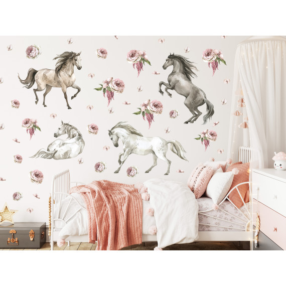 Wallstickers Hester og Blomster - ØKO Veggklistremerker Barnerom - Hester - 48 pk
