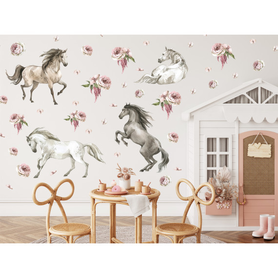 Wallstickers Hester og Blomster - ØKO Veggklistremerker Barnerom - Hester - 48 pk