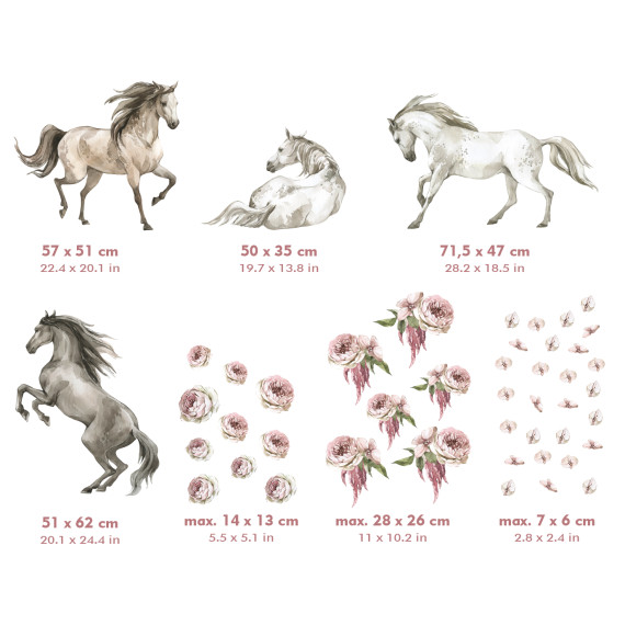 Wallstickers Hester og Blomster - ØKO Veggklistremerker Barnerom - Hester - 48 pk
