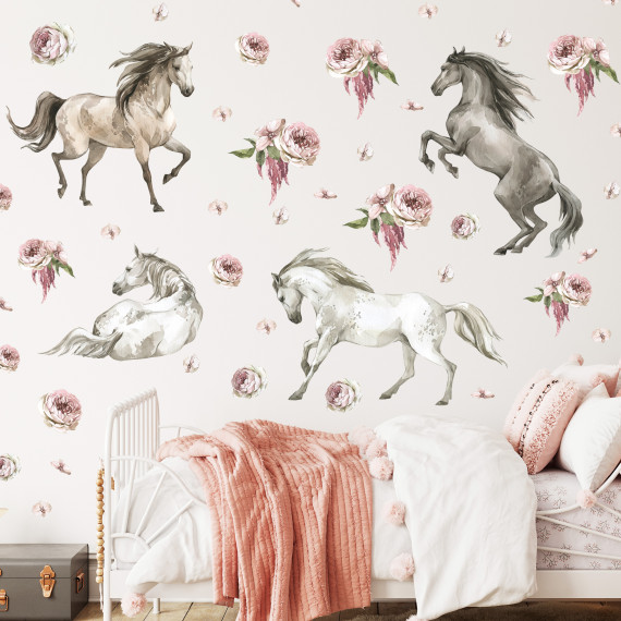 Wallstickers Hester og Blomster - ØKO Veggklistremerker Barnerom - Hester - 48 pk