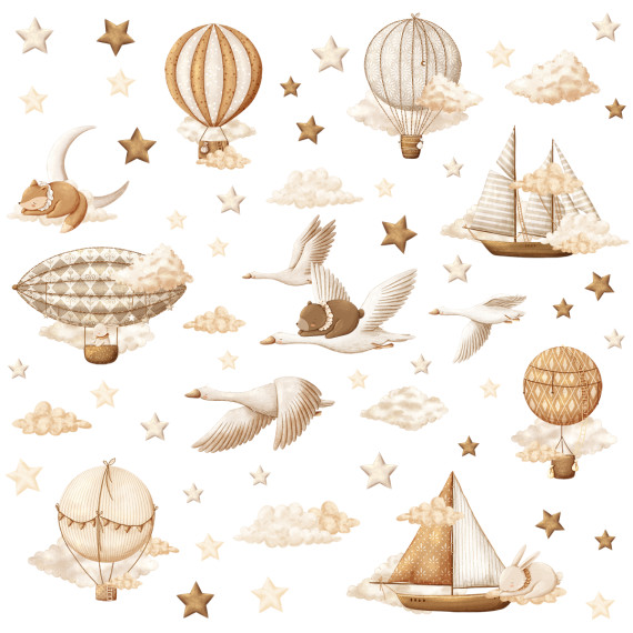 Wallstickers Boho Ballonger, Skip, Dyr og Skyer - 62pk – ØKO Veggklistremerker Barnerom - XL