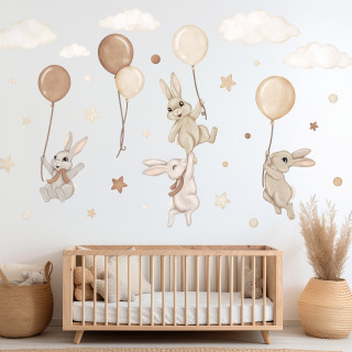 Wallstickers Kaniner med Ballonger – Brun – ØKO Veggklistremerker Barnerom