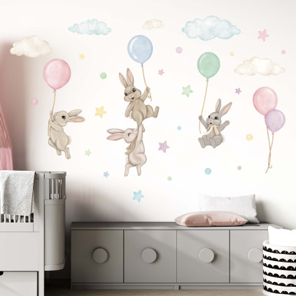 Wallstickers Kaniner med Ballonger – Pastell – ØKO Veggklistremerker Barnerom