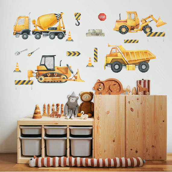 Wallstickers Tøffe Byggeplasser – ØKO Veggklistremerker Barnerom – 17pk – Kjøretøy & Maskiner