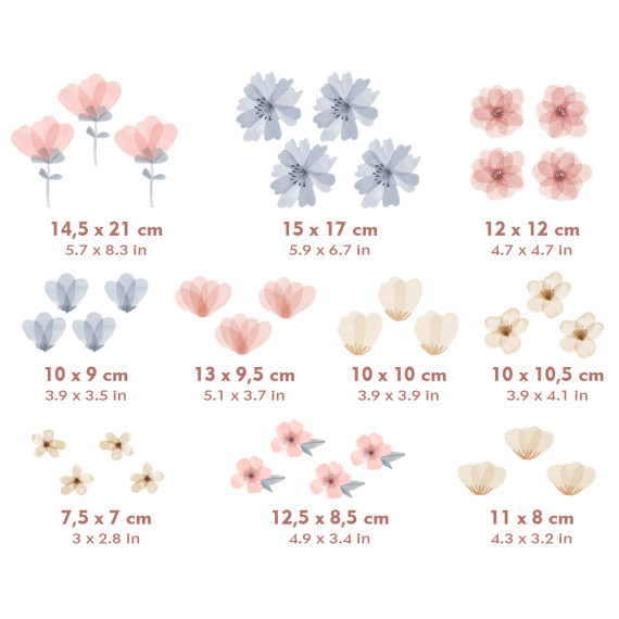 Wallstickers Blomster i Rosa og Blå – ØKO Veggklistremerker Barnerom – 35pk