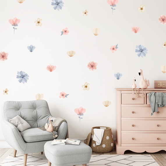 Wallstickers Blomster i Rosa og Blå – ØKO Veggklistremerker Barnerom – 35pk