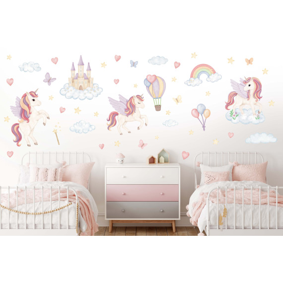 Wallstickers Enhjørning, Regnbue, Slott - ØKO Veggklistremerker Barnerom - Pastellfarger- XL - 50 pk