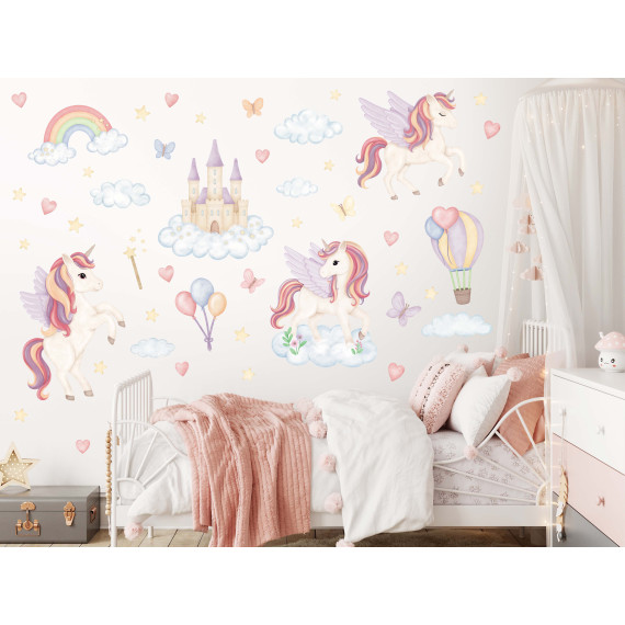 Wallstickers Enhjørning, Regnbue, Slott - ØKO Veggklistremerker Barnerom - Pastellfarger- XL - 50 pk