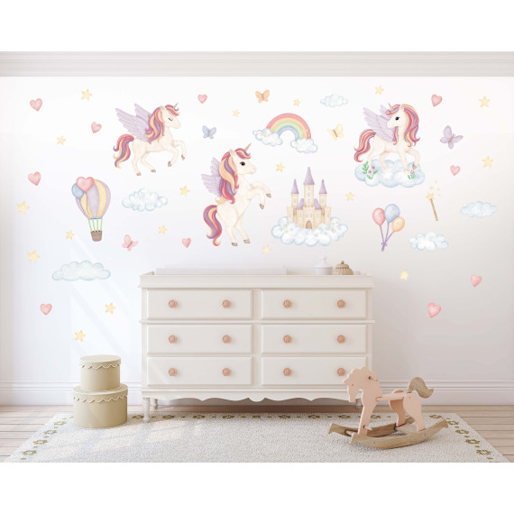 Wallstickers Enhjørning, Regnbue, Slott - ØKO Veggklistremerker Barnerom - Pastellfarger- XL - 50 pk