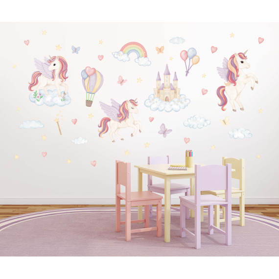 Wallstickers Enhjørning, Regnbue, Slott - ØKO Veggklistremerker Barnerom - Pastellfarger- XL - 50 pk