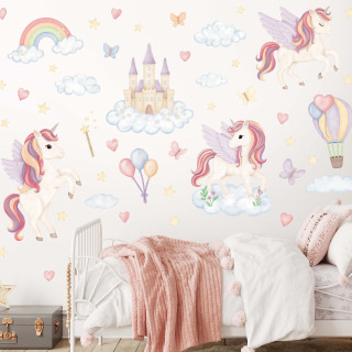 Wallstickers Enhjørning, Regnbue, Slott - ØKO Veggklistremerker Barnerom - Pastellfarger- XL - 50 pk