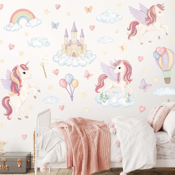 Wallstickers Enhjørning, Regnbue, Slott - ØKO Veggklistremerker Barnerom - Pastellfarger- XL - 50 pk
