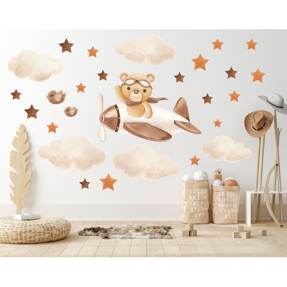Wallstickers Bamse på Flyet– ØKO Veggklistremerker Barnerom – 27pk Bjørn