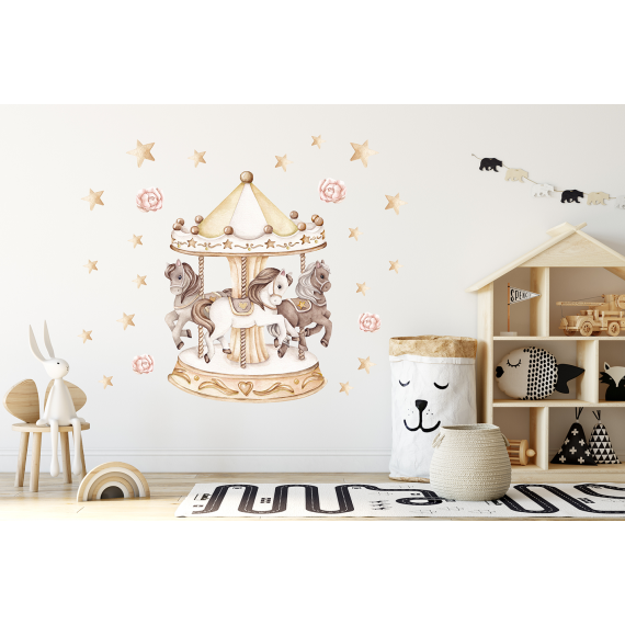Wallstickers Karusell med Ponnier, gull – ØKO Veggklistremerker Barnerom – 23pk - ponnier, hester, sirkus