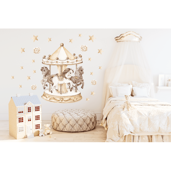 Wallstickers Karusell med Ponnier, gull – ØKO Veggklistremerker Barnerom – 23pk - ponnier, hester, sirkus
