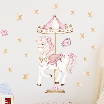 Wallstickers Karusell Ponni – ØKO Veggklistremerker Barnerom – 22pk - rosa, sirkus, hest