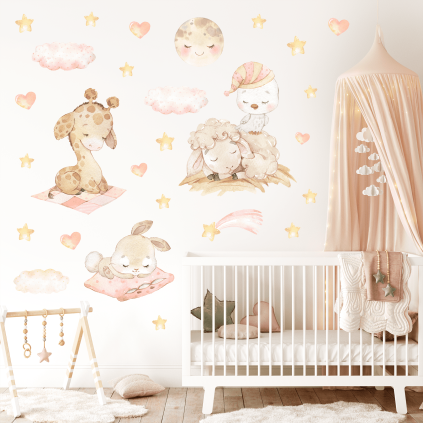 Wallstickers Sovende Dyr – ØKO Veggklistremerker Barnerom – 28pk - Kanin, Sau, Fugl, Sjiraff
